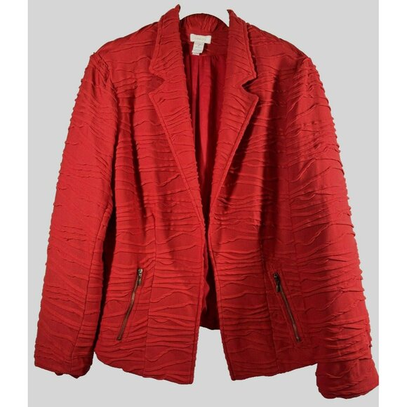 Chicos Womens Jacket Size Large Solid Red Textured Lined Long Sleeve Zip Pockets - Picture 1 of 6